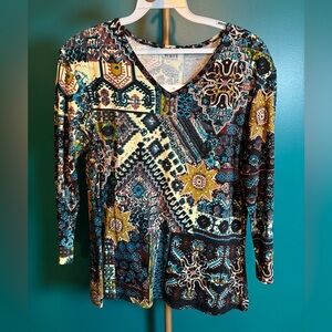 KEREN hart Blue Black Graphic 3/4 Sleeve Blouse